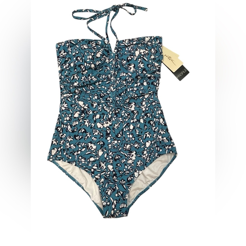 Profile by Gottex Halter  One Piece Swimsuit MSRP $154 Teal Floral Size 10